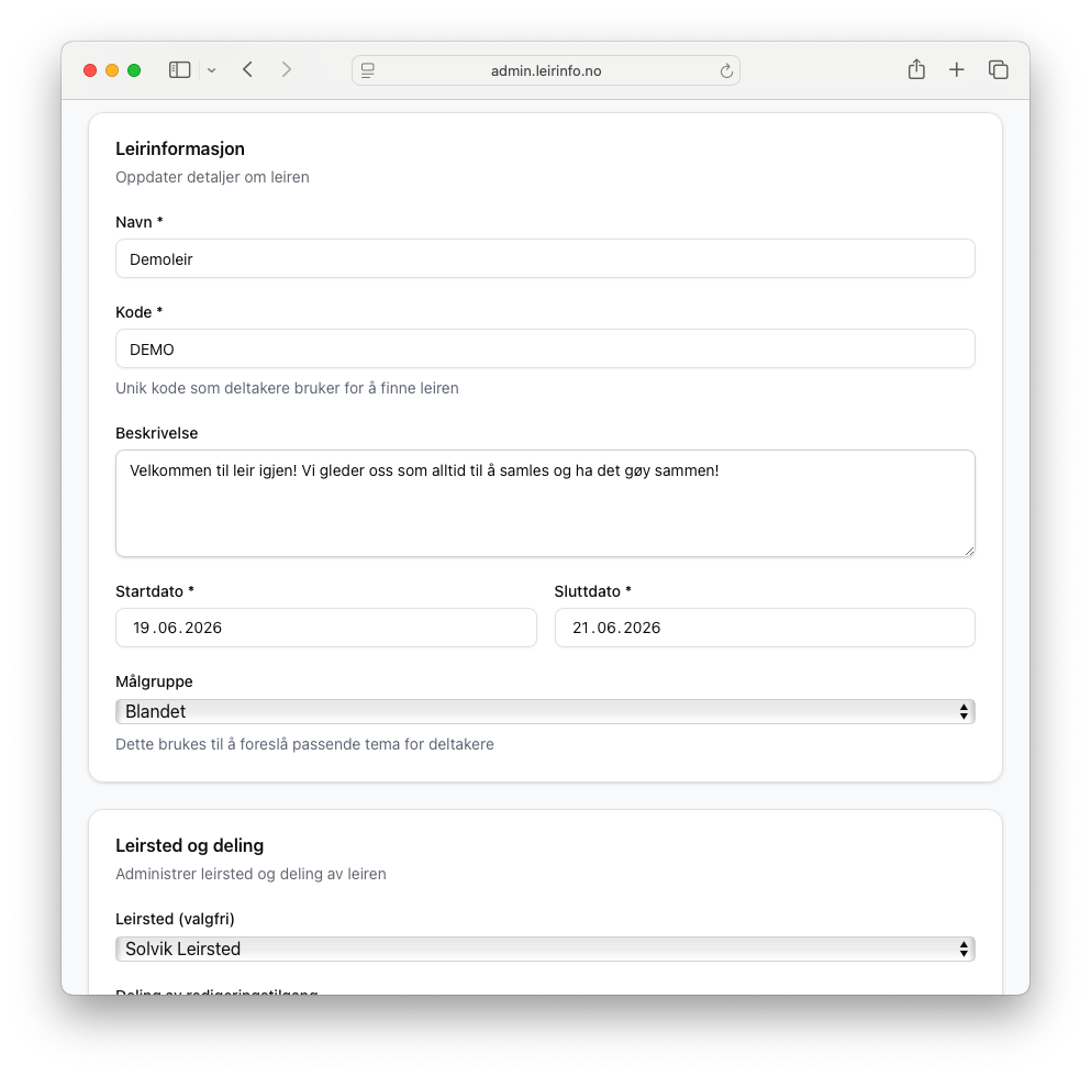 Leirinfo admin - info editor