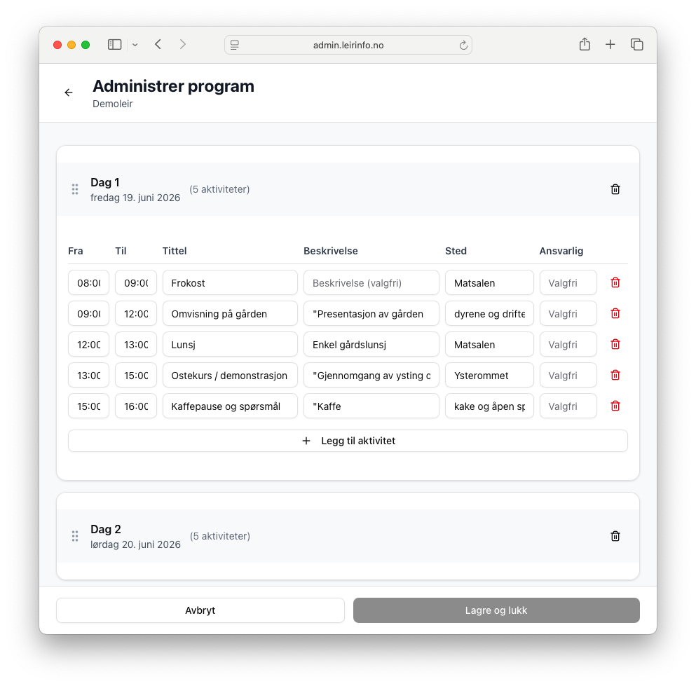 Leirinfo admin - program editor